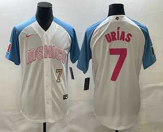 Men’s Mexico Baseball #7 Julio Urias Number 2023 White Blue World Classic Stitched Jerseys