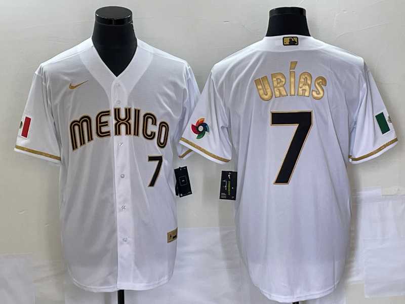 Men’s Mexico Baseball #7 Julio Urias Number 2023 White Gold World Baseball Classic Stitched Jersey