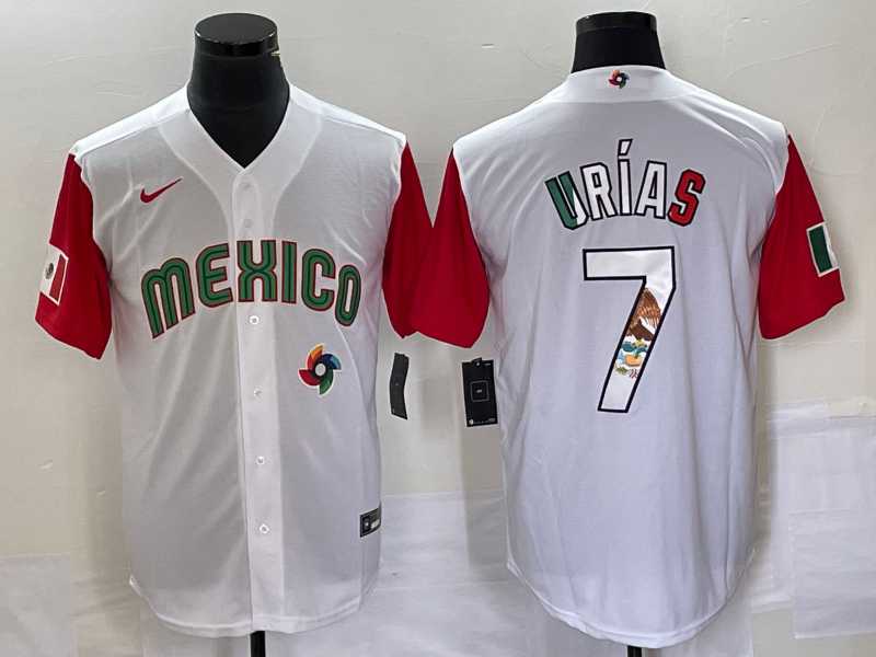 Men’s Mexico Baseball #7 Julio Urias Number 2023 White Red World Classic Stitched Jersey 15