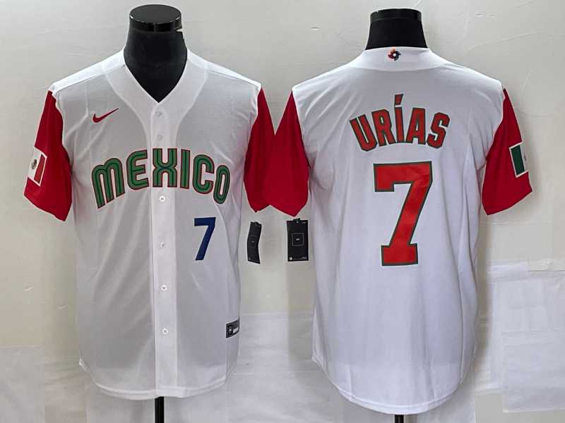 Men’s Mexico Baseball #7 Julio Urias Number 2023 White Red World Classic Stitched Jersey 17