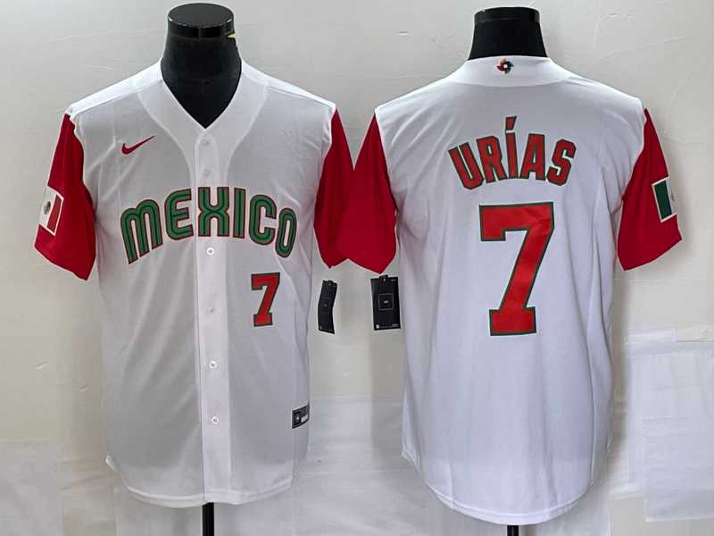 Men’s Mexico Baseball #7 Julio Urias Number 2023 White Red World Classic Stitched Jersey 19