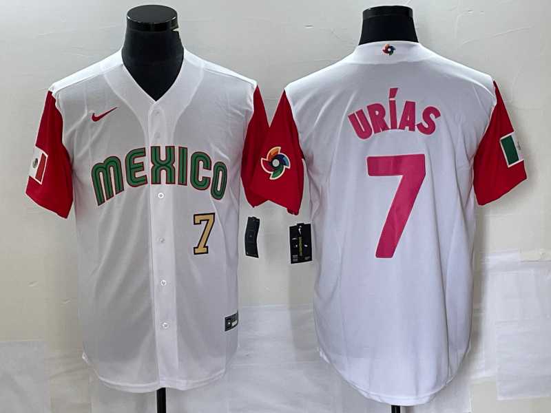 Men’s Mexico Baseball #7 Julio Urias Number 2023 White Red World Classic Stitched Jersey 27