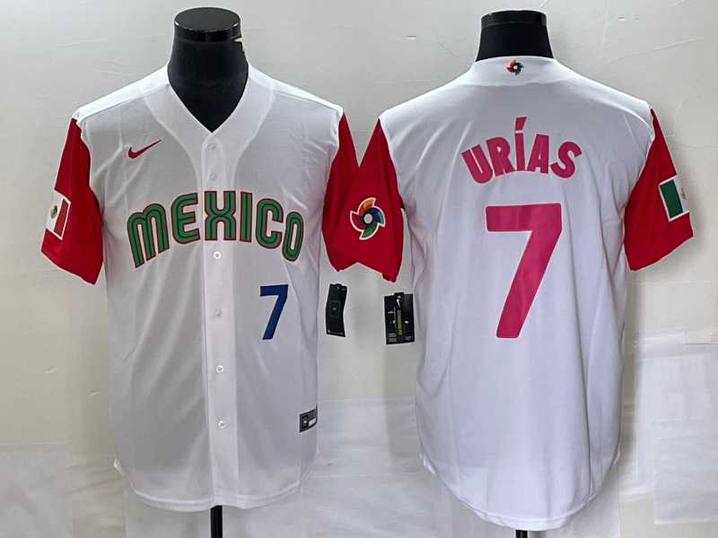 Men’s Mexico Baseball #7 Julio Urias Number 2023 White Red World Classic Stitched Jersey 28
