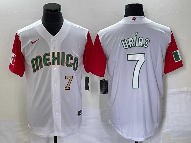 Men’s Mexico Baseball #7 Julio Urias Number 2023 White Red World Classic Stitched Jersey 34