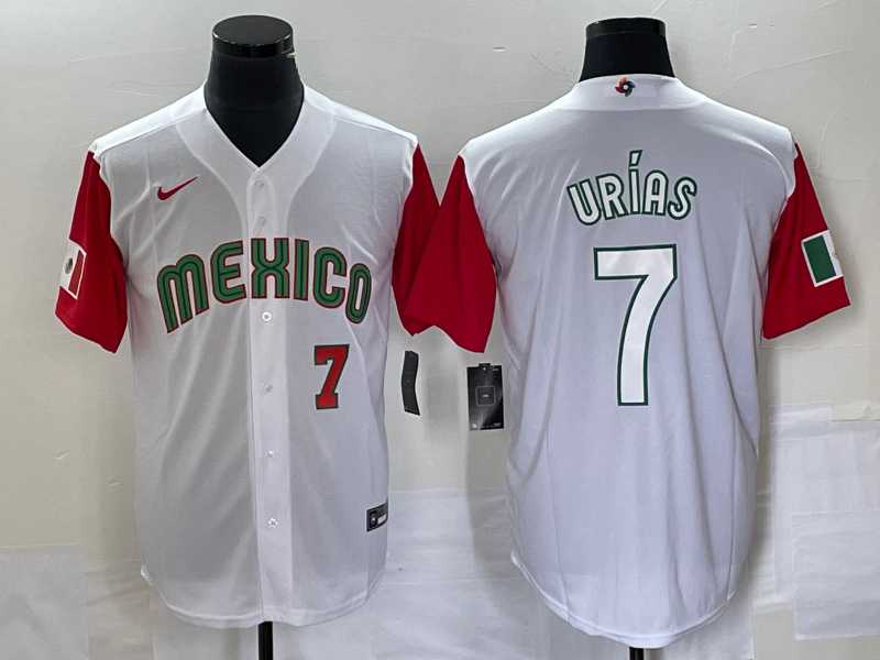 Men’s Mexico Baseball #7 Julio Urias Number 2023 White Red World Classic Stitched Jersey 35