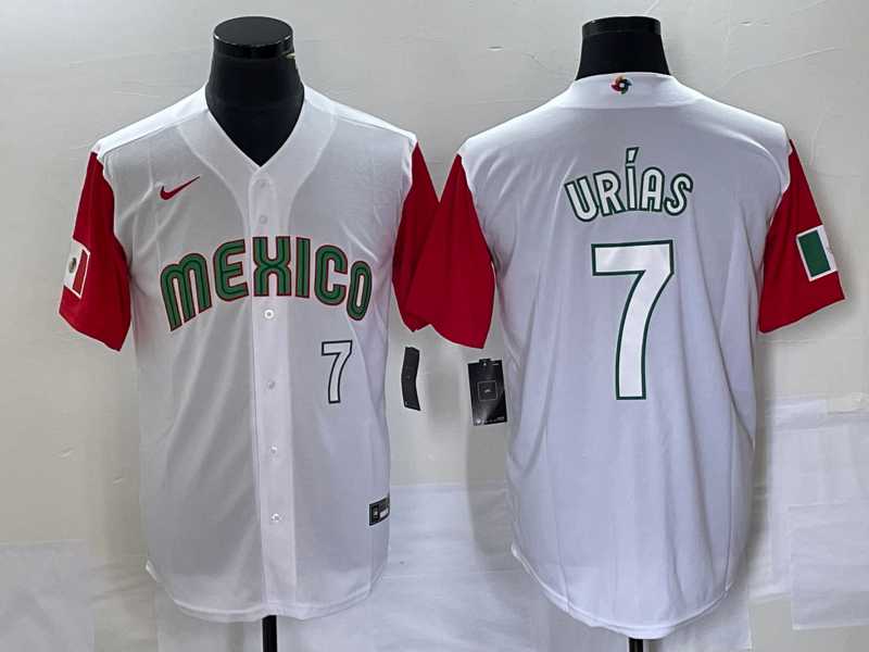 Men’s Mexico Baseball #7 Julio Urias Number 2023 White Red World Classic Stitched Jersey 36