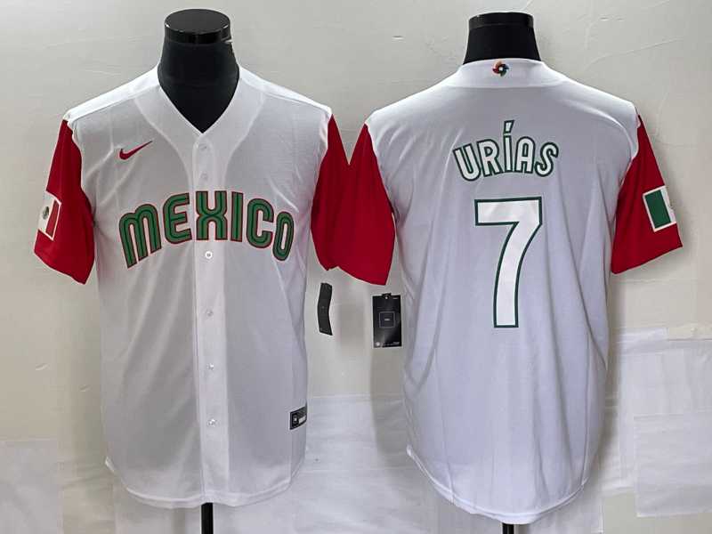 Men’s Mexico Baseball #7 Julio Urias Number 2023 White Red World Classic Stitched Jersey 38
