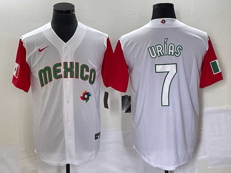 Men’s Mexico Baseball #7 Julio Urias Number 2023 White Red World Classic Stitched Jersey 39