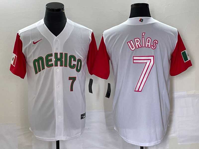 Men’s Mexico Baseball #7 Julio Urias Number 2023 White Red World Classic Stitched Jersey 40