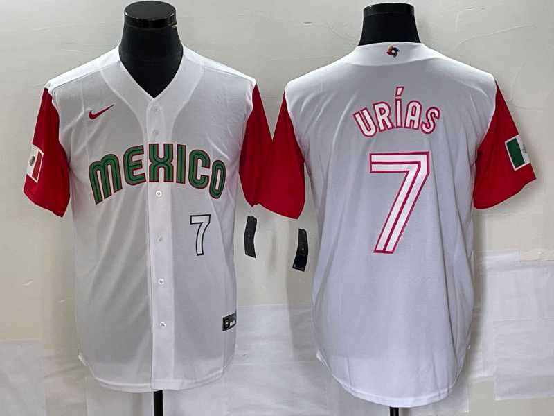 Men’s Mexico Baseball #7 Julio Urias Number 2023 White Red World Classic Stitched Jersey 41