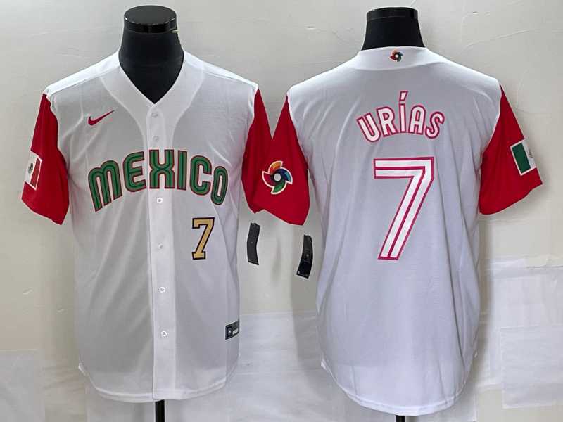 Men’s Mexico Baseball #7 Julio Urias Number 2023 White Red World Classic Stitched Jersey 43