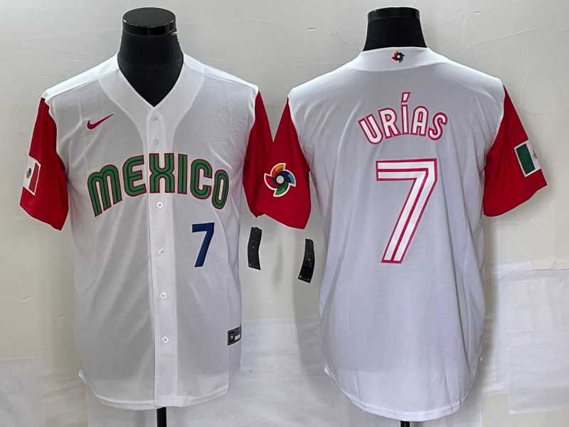 Men’s Mexico Baseball #7 Julio Urias Number 2023 White Red World Classic Stitched Jersey 44