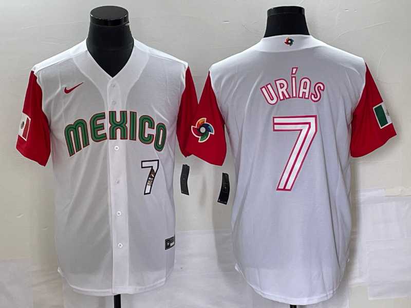 Men’s Mexico Baseball #7 Julio Urias Number 2023 White Red World Classic Stitched Jersey 45