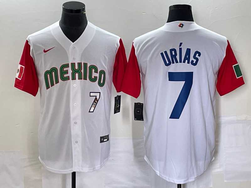 Men’s Mexico Baseball #7 Julio Urias Number 2023 White Red World Classic Stitched Jersey
