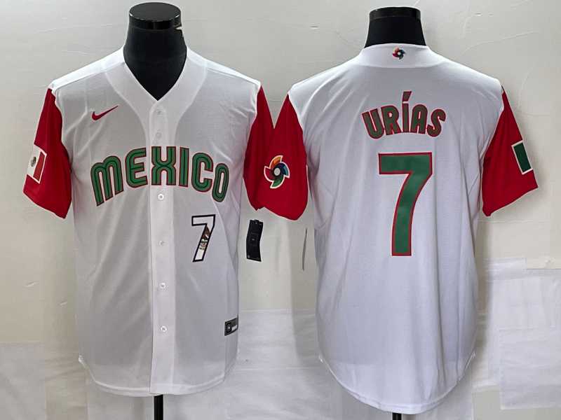 Men’s Mexico Baseball #7 Julio Urias Number 2023 White Red World Classic Stitched Jersey 48