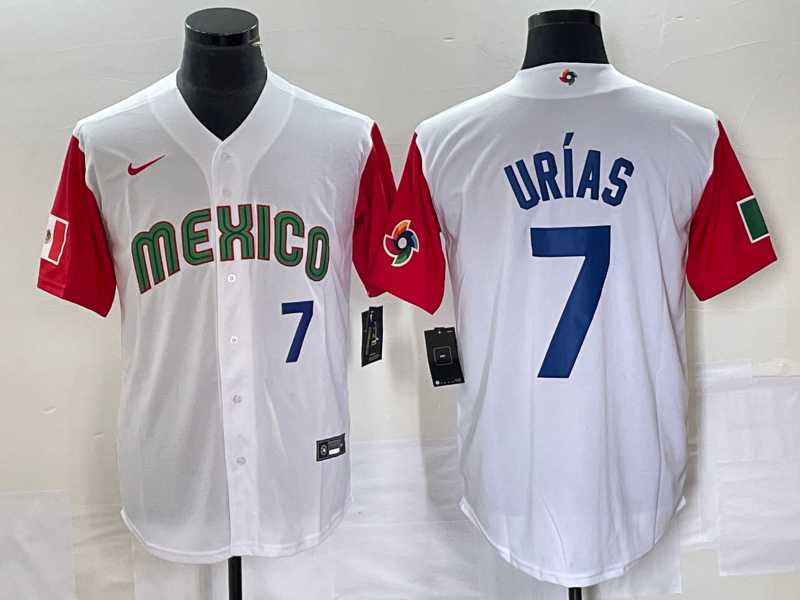 Men’s Mexico Baseball #7 Julio Urias Number 2023 White Red World Classic Stitched Jersey1