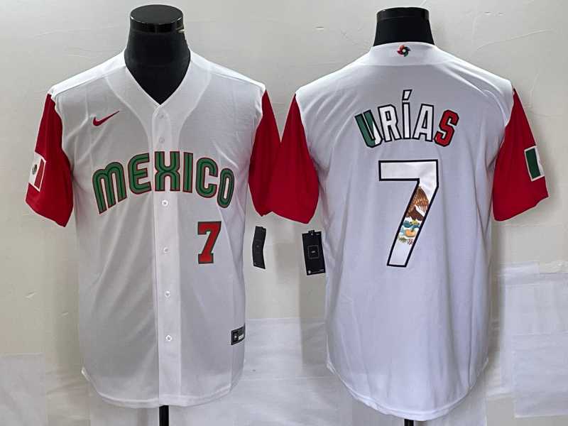 Men’s Mexico Baseball #7 Julio Urias Number 2023 White Red World Classic Stitched Jersey10