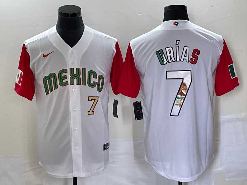 Men’s Mexico Baseball #7 Julio Urias Number 2023 White Red World Classic Stitched Jersey11