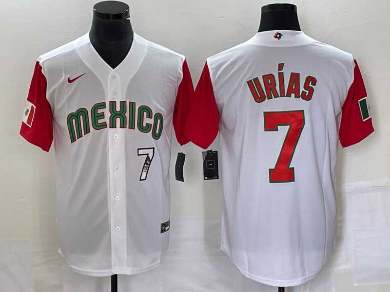 Men’s Mexico Baseball #7 Julio Urias Number 2023 White Red World Classic Stitched Jersey16