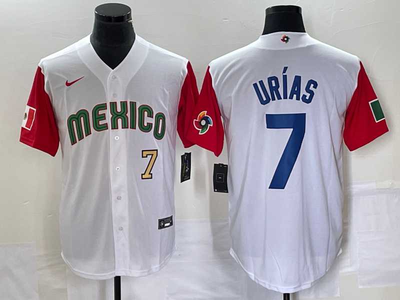 Men’s Mexico Baseball #7 Julio Urias Number 2023 White Red World Classic Stitched Jersey2