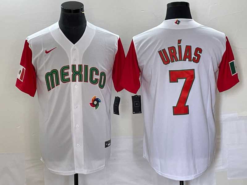 Men’s Mexico Baseball #7 Julio Urias Number 2023 White Red World Classic Stitched Jersey23