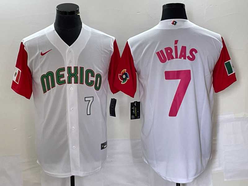Men’s Mexico Baseball #7 Julio Urias Number 2023 White Red World Classic Stitched Jersey25