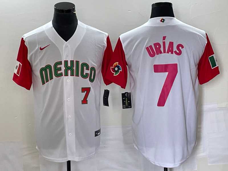 Men’s Mexico Baseball #7 Julio Urias Number 2023 White Red World Classic Stitched Jersey26