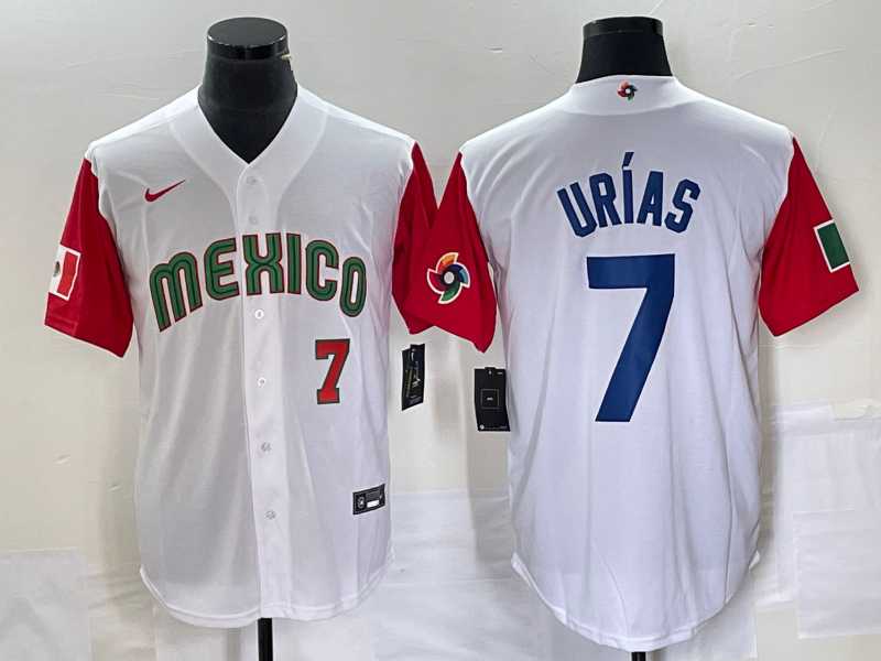 Men’s Mexico Baseball #7 Julio Urias Number 2023 White Red World Classic Stitched Jersey3