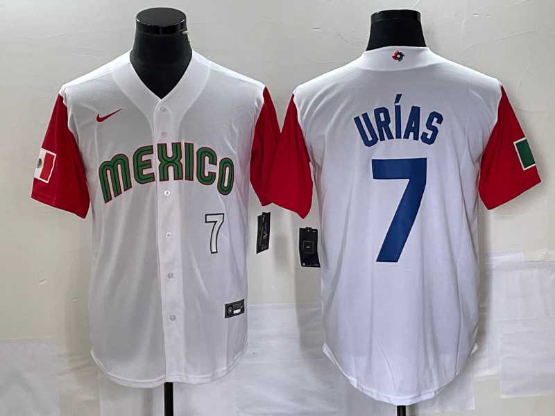 Men’s Mexico Baseball #7 Julio Urias Number 2023 White Red World Classic Stitched Jersey4