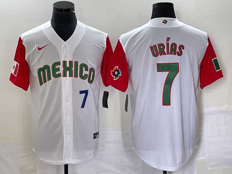 Men’s Mexico Baseball #7 Julio Urias Number 2023 White Red World Classic Stitched Jersey49