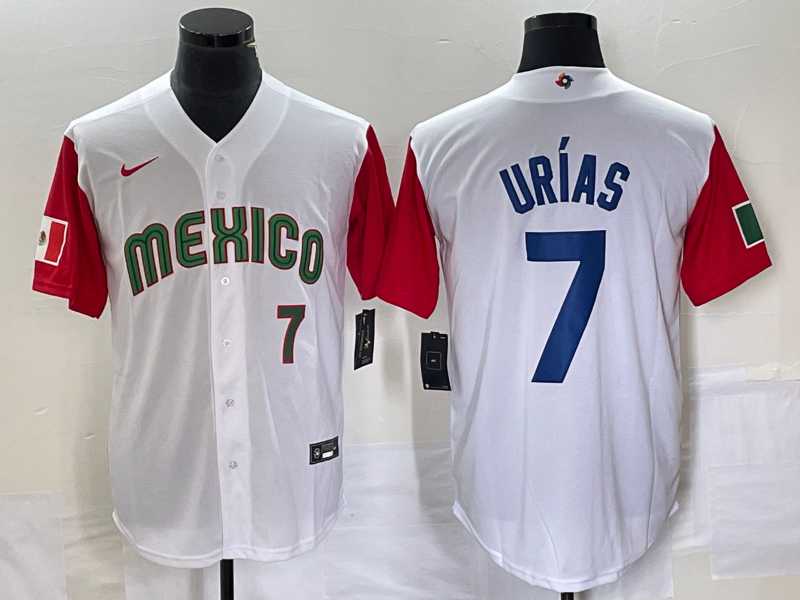 Men’s Mexico Baseball #7 Julio Urias Number 2023 White Red World Classic Stitched Jersey5