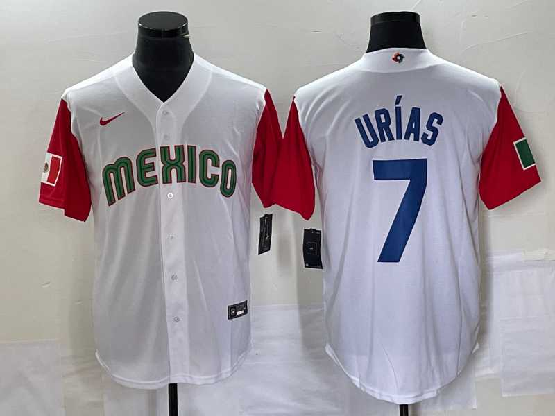 Men’s Mexico Baseball #7 Julio Urias Number 2023 White Red World Classic Stitched Jersey6