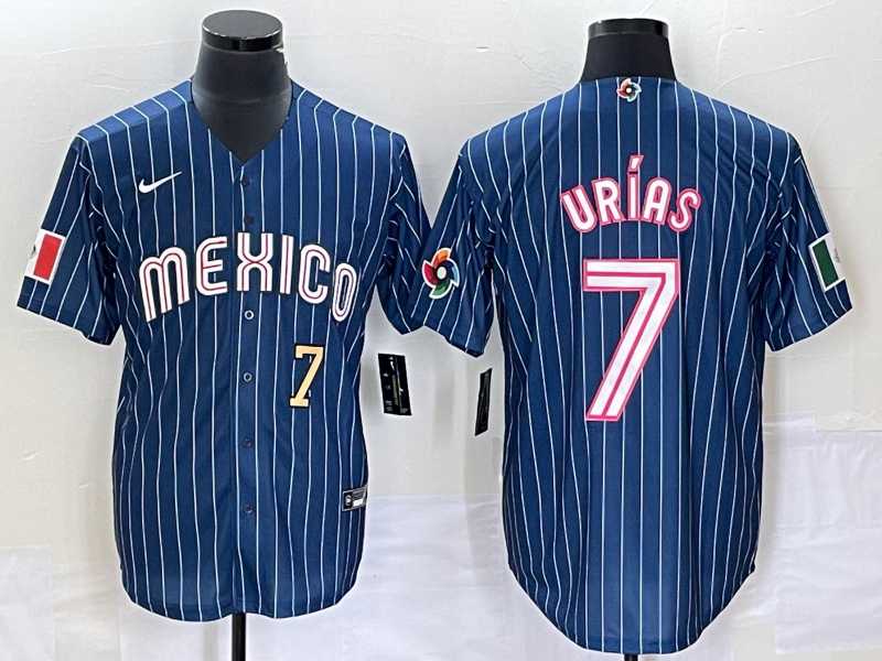 Men’s Mexico Baseball #7 Julio Urias Number Navy Blue Pinstripe 2020 World Series Cool Base Nike Jersey 1