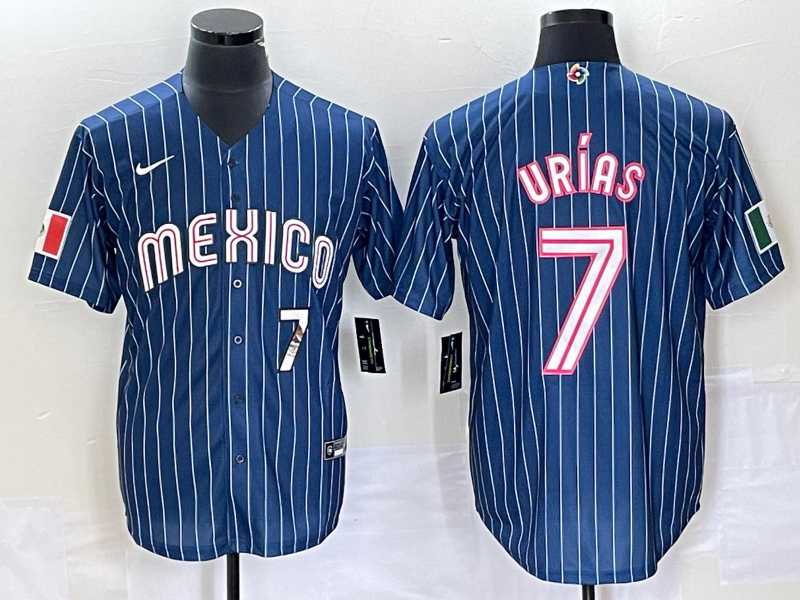 Men’s Mexico Baseball #7 Julio Urias Number Navy Blue Pinstripe 2020 World Series Cool Base Nike Jersey