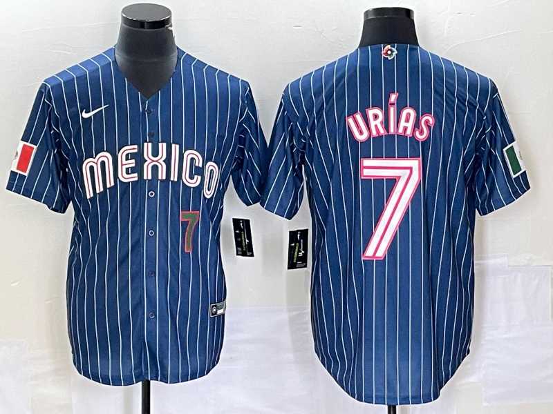 Men’s Mexico Baseball #7 Julio Urias Number Navy Blue Pinstripe 2020 World Series Cool Base Nike Jersey2