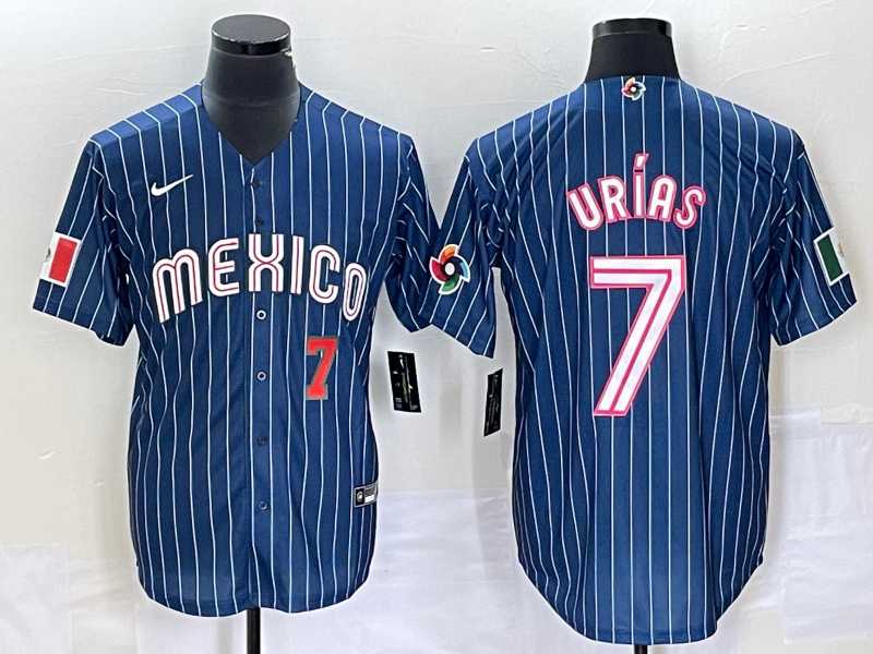 Men’s Mexico Baseball #7 Julio Urias Number Navy Blue Pinstripe 2020 World Series Cool Base Nike Jersey3