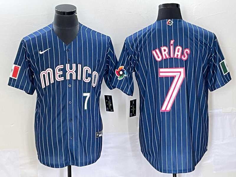 Men’s Mexico Baseball #7 Julio Urias Number Navy Blue Pinstripe 2020 World Series Cool Base Nike Jersey4
