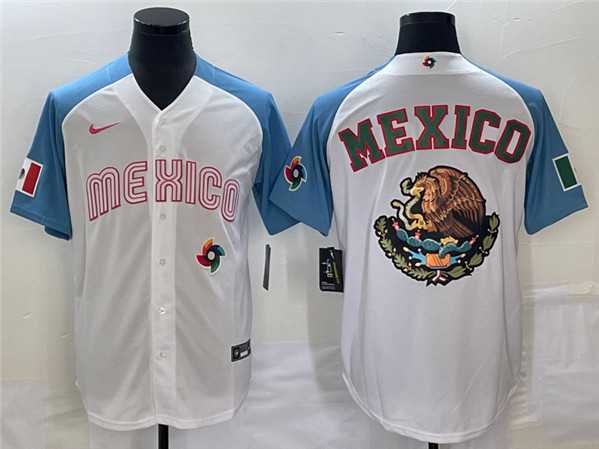 Men’s Mexico Baseball 2023 White Blue Team Big Logo World Baseball Classic Stitched Jersey
