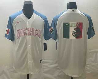 Men’s Mexico Baseball 2023 White Blue World Big Logo Classic Stitched Jersey