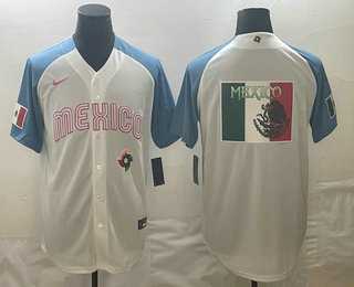 Men’s Mexico Baseball 2023 White Blue World Big Logo Classic Stitched Jerseys