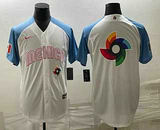 Men’s Mexico Baseball Big Logo 2023 White Blue World Classic Stitched Jersey
