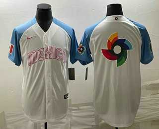 Men’s Mexico Baseball Big Logo 2023 White Blue World Classic Stitched Jersey2