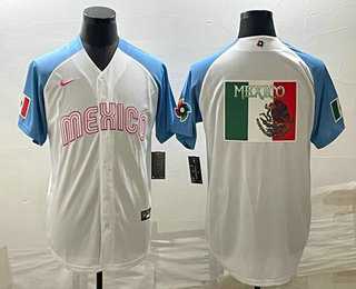 Men’s Mexico Baseball Big Logo 2023 White Blue World Classic Stitched Jersey3