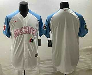 Men’s Mexico Baseball Blank 2023 White Blue World Classic Stitched Jersey