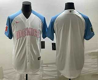 Men’s Mexico Baseball Blank 2023 White Blue World Classic Stitched Jerseys