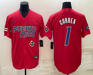 Men’s Puerto Rico Baseball #1 Carlos Correa 2023 Red World Baseball Classic Stitched Jersey