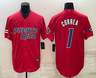 Men’s Puerto Rico Baseball #1 Carlos Correa 2023 Red World Baseball Classic Stitched Jerseys