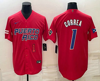 Men’s Puerto Rico Baseball #1 Carlos Correa Number 2023 Red World Baseball Classic Stitched Jersey