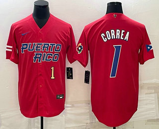 Men’s Puerto Rico Baseball #1 Carlos Correa Number 2023 Red World Baseball Classic Stitched Jerseys