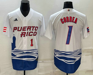 Men’s Puerto Rico Baseball #1 Carlos Correa Number White 2023 World Baseball Classic Stitched Jersey